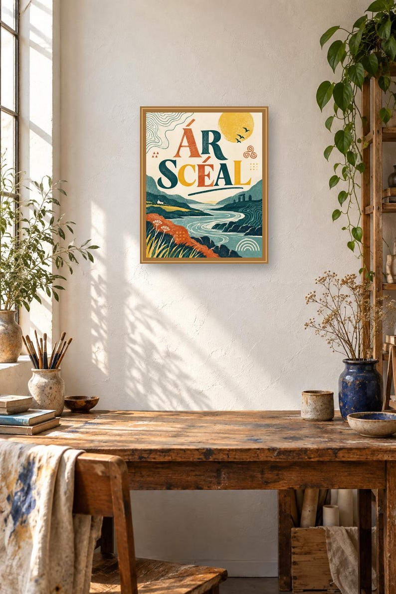 May include: A framed rectangular wall art print featuring a landscape illustration with a river, hills, and a yellow sun. The text &Aacute;R SC&Eacute;AL is printed in large, bold letters in the center. The color palette includes shades of blue, green, orange, and yellow.