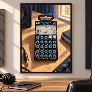 May include: A black Teenage Engineering PO-128 Mega Man pocket operator synthesizer in its original packaging. The device features a monochrome LCD screen, multiple circular buttons with blue accents, two silver knobs, and printed text including MEGAMAN.