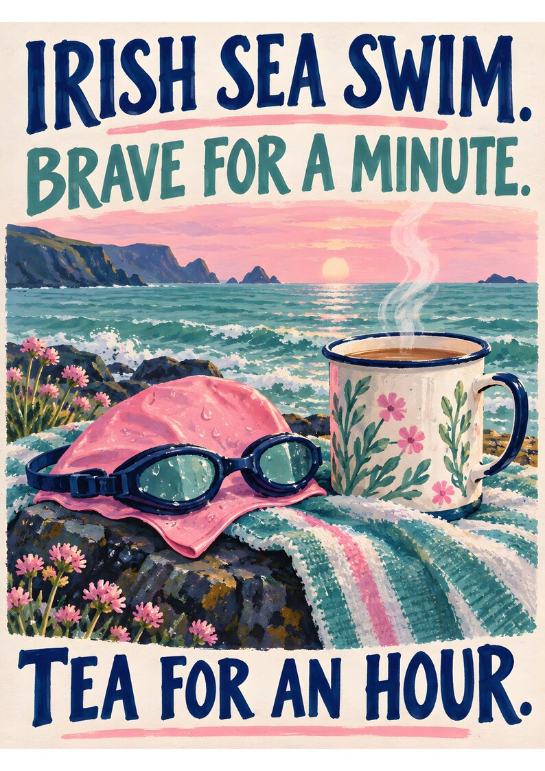 May include: A poster featuring the text IRISH SEA SWIM. BRAVE FOR A MINUTE. TEA FOR AN HOUR. The illustration shows a pink swim cap, dark blue goggles, and a floral enamel mug with steaming tea on a rocky shore overlooking a sunset ocean.