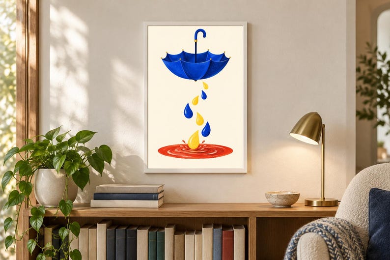 Pu&ograve; includere: Una stampa artistica incorniciata raffigurante un ombrello blu sospeso in aria, con gocce di pioggia gialle e blu che cadono in una pozzanghera rossa circolare su uno sfondo color crema. L'opera &egrave; esposta in una semplice cornice bianca.
