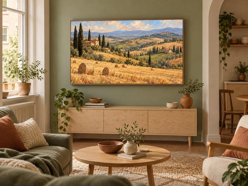 May include: A rectangular wall art print featuring a landscape painting of a Tuscan countryside with golden hay bales in the foreground, cypress trees, rolling hills, and a stone villa under a blue sky with soft clouds, framed in a light wood frame.