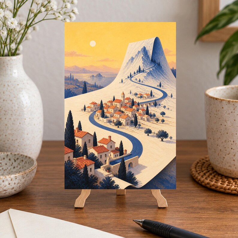 May include: A vertical art print on a wooden easel depicting a Mediterranean village nestled at the base of a snow-capped mountain. A winding blue river flows through the landscape, past terracotta-roofed buildings, cypress trees, and a golden sky.