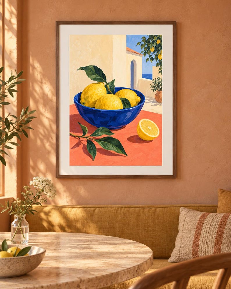May include: A framed art print depicting a vibrant blue bowl filled with bright yellow lemons and green leaves resting on a warm orange surface. The background shows a Mediterranean-style building with an archway and a glimpse of the blue sea.