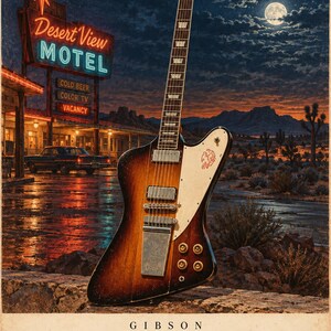 May include: A sunburst Gibson Firebird electric guitar with a white pickguard featuring a bird graphic, positioned against a desert motel scene at night. The text GIBSON Firebird 1963 is printed at the bottom of this vintage-style poster illustration.