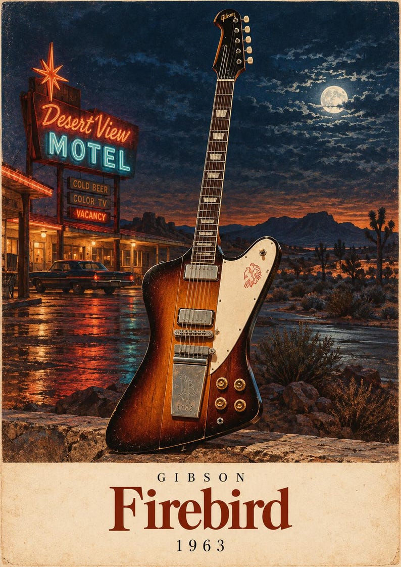 May include: A sunburst Gibson Firebird electric guitar with a white pickguard featuring a bird graphic, positioned against a desert motel scene at night. The text GIBSON Firebird 1963 is printed at the bottom of this vintage-style poster illustration.