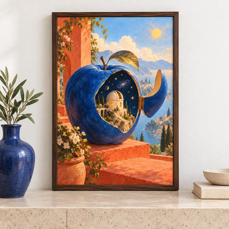 Puede incluir: Una impresi&oacute;n art&iacute;stica enmarcada que muestra una gran manzana azul con una secci&oacute;n abatible que revela un observatorio en miniatura y una galaxia estrellada en su interior. La escena se sit&uacute;a en una terraza de terracota con vistas a la costa.