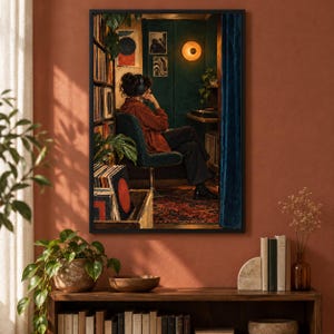 May include: A framed wall art print depicting a person wearing headphones, seated in a dark teal room with a record collection, a warm wall lamp, and a patterned rug. The scene features a red jacket, dark trousers, and a blue curtain on the side.