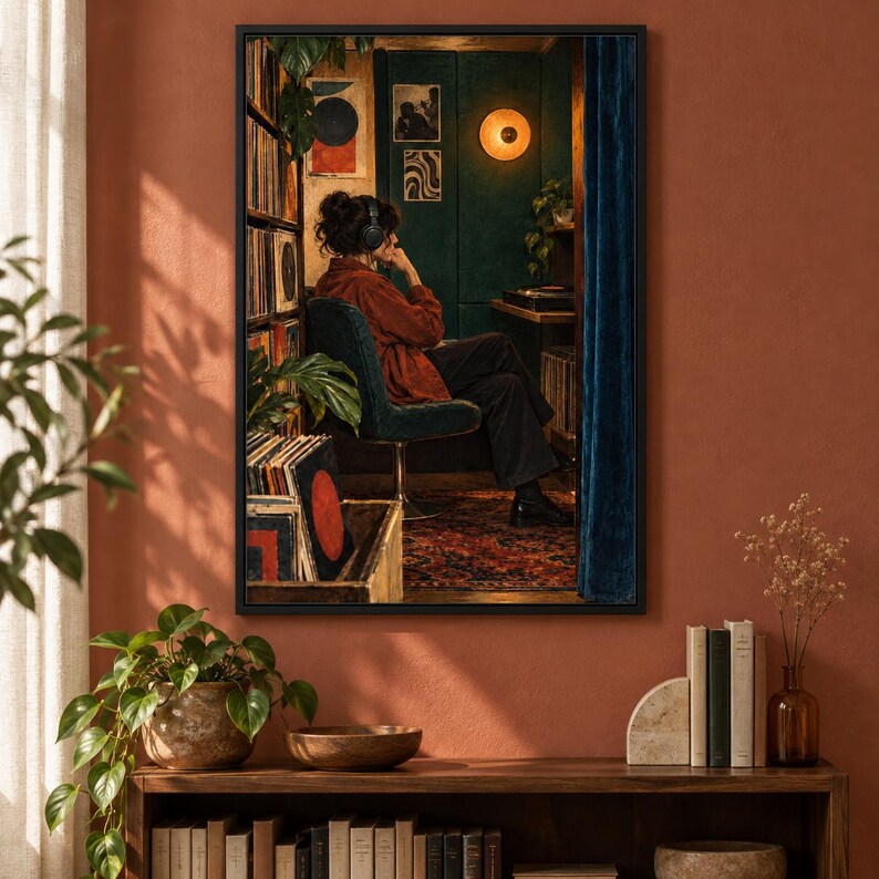 May include: A framed wall art print depicting a person wearing headphones, seated in a dark teal room with a record collection, a warm wall lamp, and a patterned rug. The scene features a red jacket, dark trousers, and a blue curtain on the side.