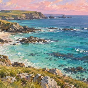 May include: A landscape painting of a coastal scene featuring a sandy beach, turquoise ocean waters, and rocky cliffs under a soft pink sunset sky. The foreground shows grassy hills with small pink wildflowers overlooking the sea.