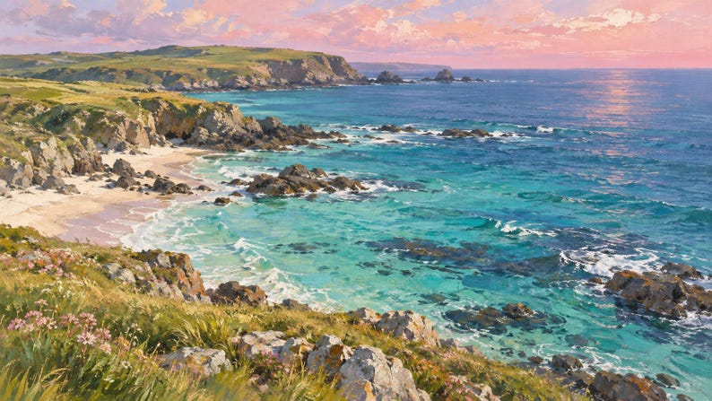 May include: A landscape painting of a coastal scene featuring a sandy beach, turquoise ocean waters, and rocky cliffs under a soft pink sunset sky. The foreground shows grassy hills with small pink wildflowers overlooking the sea.