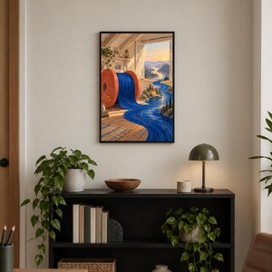 Op de afbeelding: Een ingelijste kunstdruk met een grote oranje klos blauwe draad in een kamer, waarbij de draad uit een open raam stroomt en een kronkelende rivier vormt door een landschap onder een zonsonderganghemel, in een zwarte lijst.