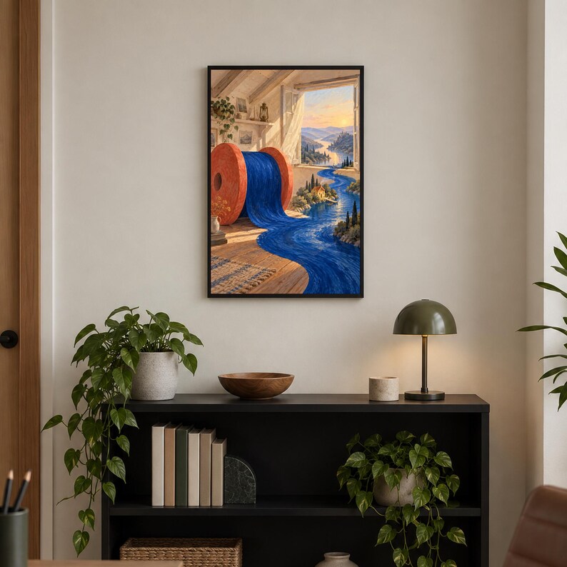 Op de afbeelding: Een ingelijste kunstdruk met een grote oranje klos blauwe draad in een kamer, waarbij de draad uit een open raam stroomt en een kronkelende rivier vormt door een landschap onder een zonsonderganghemel, in een zwarte lijst.