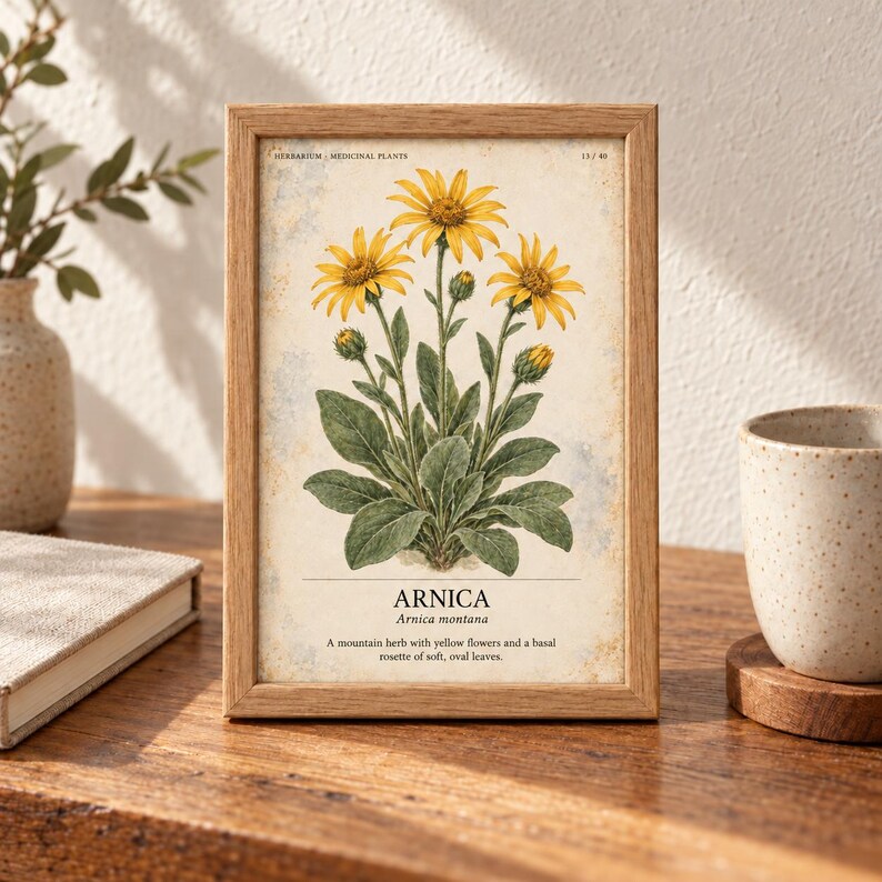 K&ouml;nnte beinhalten: Ein gerahmter botanischer Druck mit einer detaillierten Illustration einer Arnika-Pflanze mit gelben Bl&uuml;ten und gr&uuml;nen Bl&auml;ttern. Der Text lautet HERBARIUM MEDICINAL PLANTS, ARNICA, Arnica montana und eine Beschreibung des Bergkrauts.
