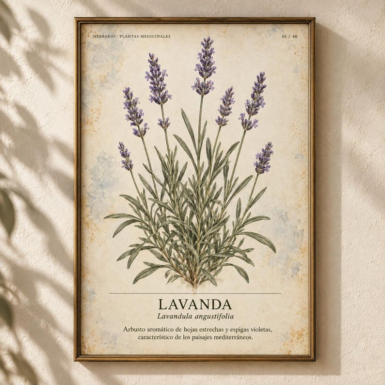 May include: A framed botanical print featuring a detailed illustration of a lavender plant with purple flower spikes and green leaves. The background is a textured cream color with the text HERBARIO PLANTAS MEDICINALES, 01/40, LAVANDA, and Lavandula angustifolia.