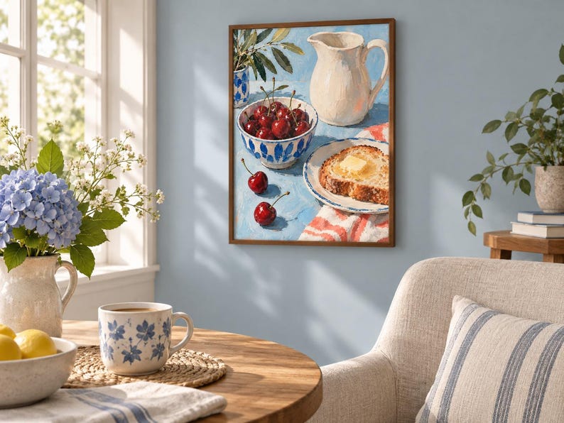 May include: A framed wall art print depicting a still life scene with a white ceramic pitcher, a bowl filled with red cherries, and a slice of buttered toast on a plate, all set against a light blue background with a red and white striped cloth.