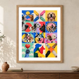 Puede incluir: Una impresi&oacute;n de arte mural enmarcada que presenta una cuadr&iacute;cula de doce cuadrados coloridos, cada uno mostrando varias razas de perros, patas caninas y elementos gr&aacute;ficos como corazones y soles en tonos vibrantes de azul, amarillo, rosa, rojo y negro.