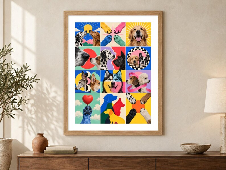 Puede incluir: Una impresi&oacute;n de arte mural enmarcada que presenta una cuadr&iacute;cula de doce cuadrados coloridos, cada uno mostrando varias razas de perros, patas caninas y elementos gr&aacute;ficos como corazones y soles en tonos vibrantes de azul, amarillo, rosa, rojo y negro.