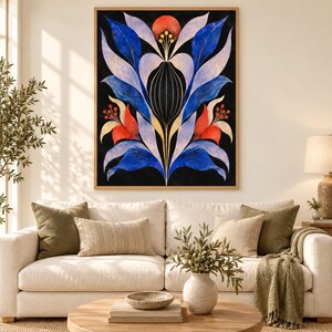 May include: A rectangular wall art print featuring a symmetrical botanical illustration on a black background. The design displays stylised blue, light purple, and orange leaves and petals arranged in a vertical, centred floral pattern.