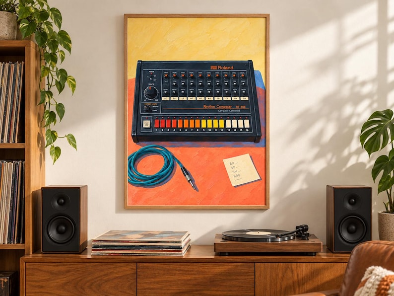 Op de afbeelding: Een ingelijste kunstdruk met een zwarte Roland Rhythm Composer TR-808 drumcomputer met een rij kleurrijke knoppen, een blauwe opgerolde audiokabel en een klein vierkant briefje tegen een levendige gele, oranje en blauwe achtergrond.