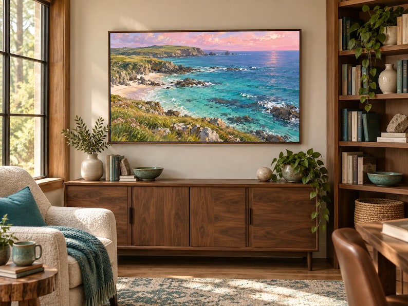 May include: A rectangular wall-mounted television displaying a vibrant coastal landscape painting featuring turquoise ocean waters, rocky cliffs, a sandy beach, and a soft pink sunset sky, framed in a thin dark border and mounted above a wooden sideboard.