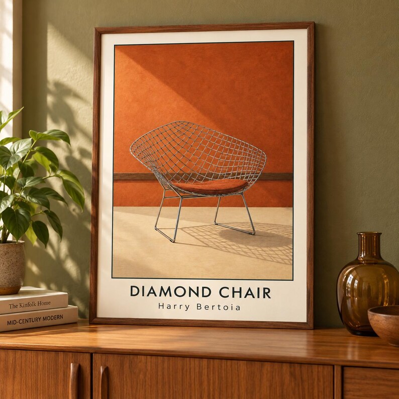 May include: A framed wall art print featuring a wire mesh Diamond Chair by Harry Bertoia. The artwork displays the chair with a rust-colored seat cushion against a terracotta background, with the text DIAMOND CHAIR Harry Bertoia at the bottom.