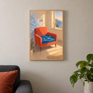 Puede incluir: Una l&aacute;mina de arte mural enmarcada que muestra un sill&oacute;n naranja vibrante en una habitaci&oacute;n iluminada por el sol. El coj&iacute;n del asiento es una superficie de agua azul con dos peque&ntilde;os limones amarillos flotando. Una ventana muestra el mar.