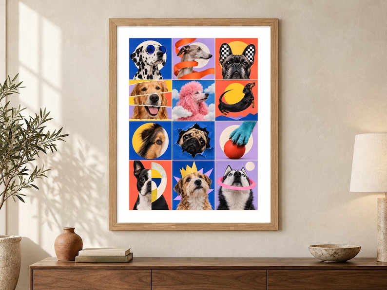 Pu&ograve; includere: Una stampa artistica da parete incorniciata che presenta una griglia di dodici quadrati colorati, ognuno dei quali mostra una diversa razza di cane o un'illustrazione a tema canino, tra cui un dalmata, un golden retriever, un barboncino rosa, un carlino e un husky.