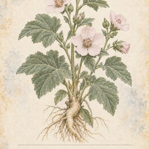 Pode incluir: Uma ilustra&ccedil;&atilde;o bot&acirc;nica da planta malvarisco, Althaea officinalis, com flores rosa-p&aacute;lido, folhas verdes e ra&iacute;zes grossas. O texto diz HERBARIUM MEDICINAL PLANTS 26 / 40, MARSHMALLOW Althaea officinalis e uma descri&ccedil;&atilde;o da planta.