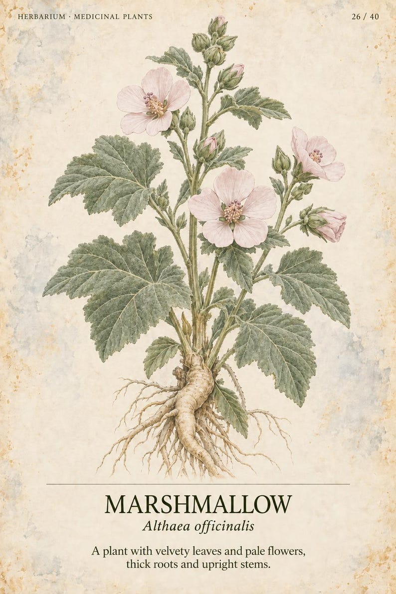 Pode incluir: Uma ilustra&ccedil;&atilde;o bot&acirc;nica da planta malvarisco, Althaea officinalis, com flores rosa-p&aacute;lido, folhas verdes e ra&iacute;zes grossas. O texto diz HERBARIUM MEDICINAL PLANTS 26 / 40, MARSHMALLOW Althaea officinalis e uma descri&ccedil;&atilde;o da planta.