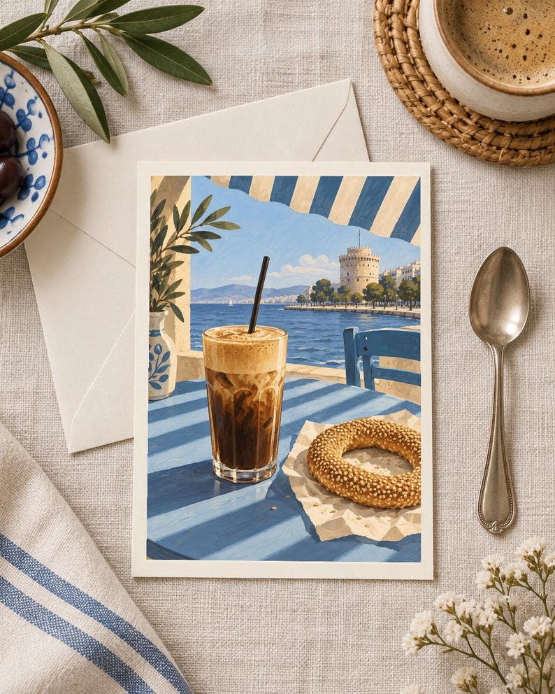 May include: A rectangular art print depicting a glass of iced coffee with a black straw and a sesame seed bagel on a blue table. The scene shows a coastal view with a white tower, blue sea, and striped awning, framed by an olive branch in a vase.