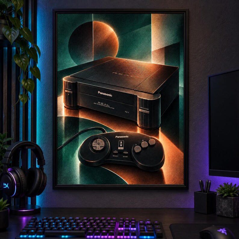 Puede incluir: Una impresi&oacute;n de arte mural enmarcada que muestra una consola de juegos Panasonic REAL FZ-1 3DO negra y su mando a juego. La obra presenta un fondo geom&eacute;trico oscuro con acentos de iluminaci&oacute;n en naranja y azul verdoso, resaltando el dise&ntilde;o.