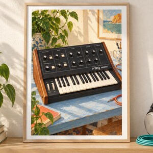 May include: A Moog Prodigy analog synthesizer featuring a black control panel with numerous knobs, switches, and a keyboard. The instrument is encased in wooden side panels and displays the text Moog Prodigy on the front face of the unit.