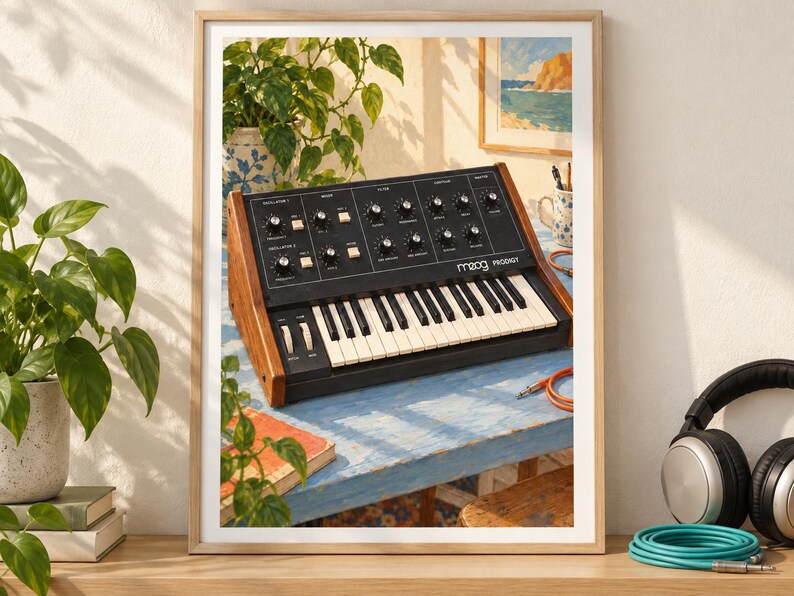 May include: A Moog Prodigy analog synthesizer featuring a black control panel with numerous knobs, switches, and a keyboard. The instrument is encased in wooden side panels and displays the text Moog Prodigy on the front face of the unit.