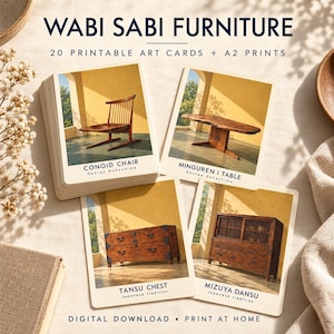 May include: A set of 20 printable art cards and A2 prints titled WABI SABI FURNITURE. The cards feature images of a Conoid Chair, Minguren I Table, Tansu Chest, and Mizuya Dansu, with text identifying each piece and its origin or designer.