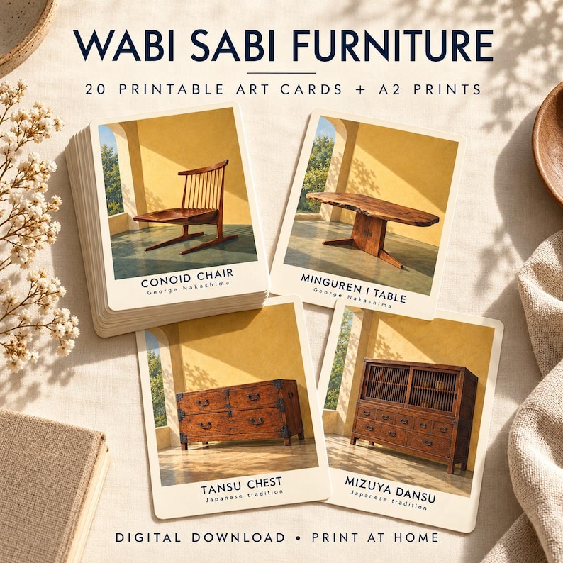 May include: A set of 20 printable art cards and A2 prints titled WABI SABI FURNITURE. The cards feature images of a Conoid Chair, Minguren I Table, Tansu Chest, and Mizuya Dansu, with text identifying each piece and its origin or designer.