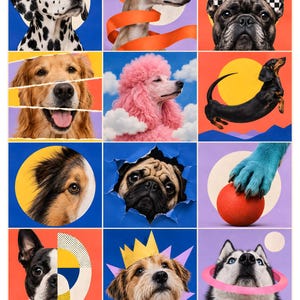 Pu&ograve; includere: Una griglia di dodici pannelli artistici con varie razze canine, tra cui un dalmata con occhiali da sole blu, un barboncino con pelo rosa, un carlino che sbuca da carta strappata e un husky con un anello rosa, su sfondi vivaci e colorati.