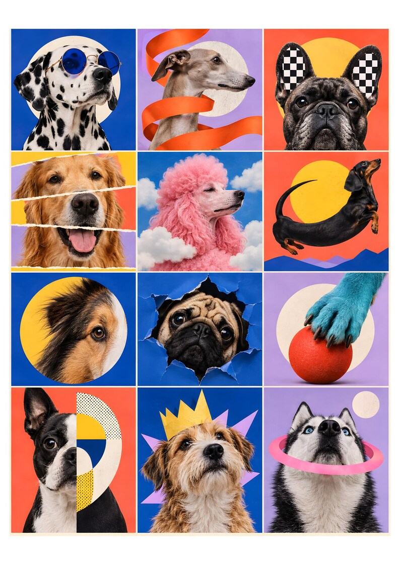 Pu&ograve; includere: Una griglia di dodici pannelli artistici con varie razze canine, tra cui un dalmata con occhiali da sole blu, un barboncino con pelo rosa, un carlino che sbuca da carta strappata e un husky con un anello rosa, su sfondi vivaci e colorati.