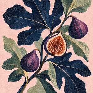 May include: A botanical illustration of a fig branch against a light pink background. The branch features deep navy blue lobed leaves, two whole purple figs, and one halved fig showing a textured, reddish-brown interior with visible seeds.