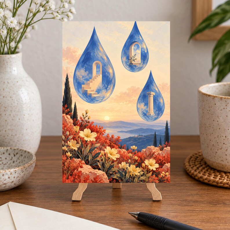 Puede incluir: Una impresi&oacute;n art&iacute;stica rectangular sobre un peque&ntilde;o caballete de madera que muestra un paisaje surrealista con tres gotas de agua azules flotantes que contienen elementos arquitect&oacute;nicos como escaleras, un arco y una columna sobre flores naranjas.
