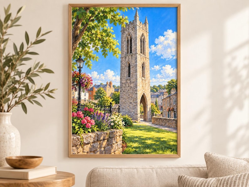 May include: A framed wall art print depicting a tall, weathered stone bell tower standing in a sunlit park. The scene features a bright blue sky with white clouds, vibrant pink and purple flowers, a black lamp post, and green trees.