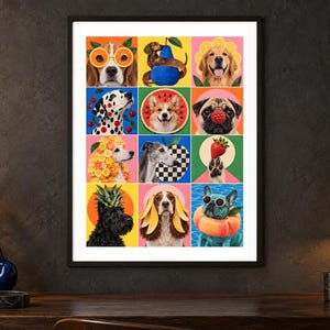 May include: A framed wall art print featuring a grid of twelve colorful illustrations of various dog breeds paired with fruits, including a beagle with orange slices, a dachshund with a pear, and a pug with a raspberry on its nose.