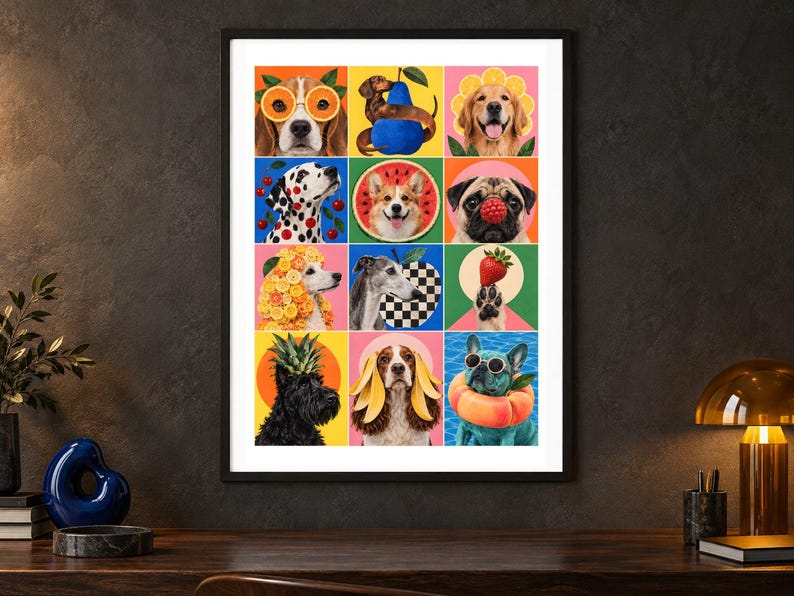 May include: A framed wall art print featuring a grid of twelve colorful illustrations of various dog breeds paired with fruits, including a beagle with orange slices, a dachshund with a pear, and a pug with a raspberry on its nose.