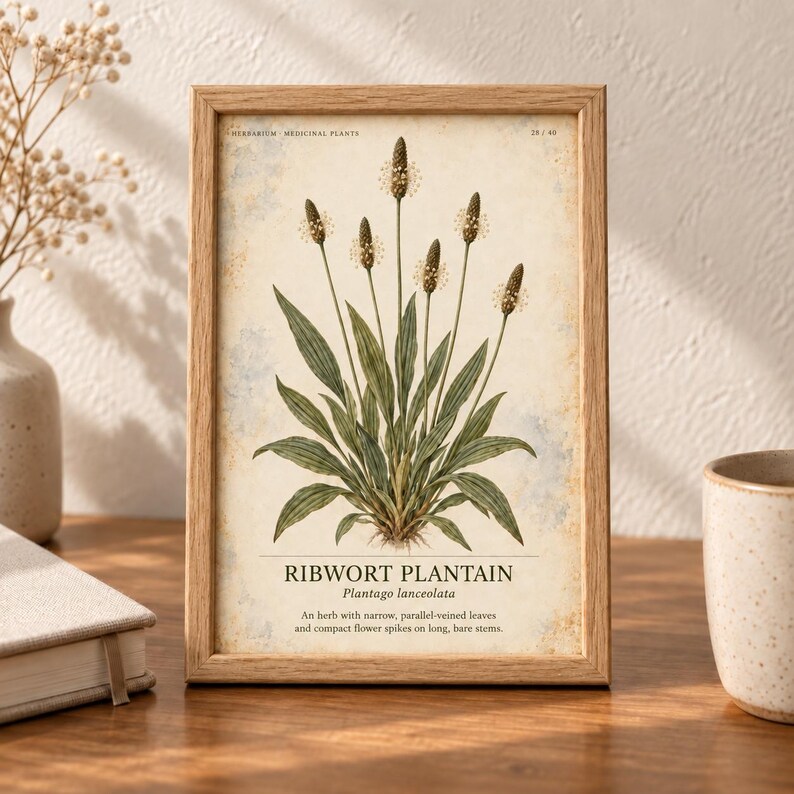 Op de afbeelding: Een ingelijste botanische print met een illustratie van smalle weegbree, groene bladeren en bruine bloemaren op een cr&egrave;mekleurige achtergrond. De tekst vermeldt RIBWORT PLANTAIN, Plantago lanceolata, en een beschrijving van de plantkenmerken.