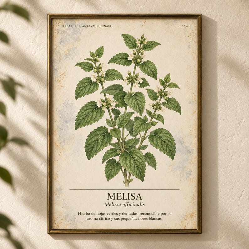 May include: A framed botanical print featuring a detailed illustration of a Melisa plant with green serrated leaves and small white flowers. The text reads HERBARIO PLANTAS MEDICINALES 07/40, MELISA, Melissa officinalis, and a Spanish description.