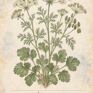 K&ouml;nnte beinhalten: Eine botanische Illustration von An&iacute;s Verde, Pimpinella anisum, mit gr&uuml;nen Bl&auml;ttern, wei&szlig;en Doldenbl&uuml;ten und ovalen Fr&uuml;chten. Der Text lautet HERBARIO PLANTAS MEDICINALES 20/40, AN&Iacute;S VERDE, Pimpinella anisum sowie eine Beschreibung der Pflanze.