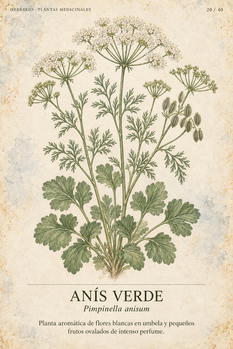 K&ouml;nnte beinhalten: Eine botanische Illustration von An&iacute;s Verde, Pimpinella anisum, mit gr&uuml;nen Bl&auml;ttern, wei&szlig;en Doldenbl&uuml;ten und ovalen Fr&uuml;chten. Der Text lautet HERBARIO PLANTAS MEDICINALES 20/40, AN&Iacute;S VERDE, Pimpinella anisum sowie eine Beschreibung der Pflanze.