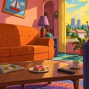 May include: A digital illustration of a living room featuring an orange sofa, a wooden coffee table with a pink frosted doughnut on a plate, a remote control, and a mug. The wall displays a sailboat painting, and a window shows a suburban landscape.