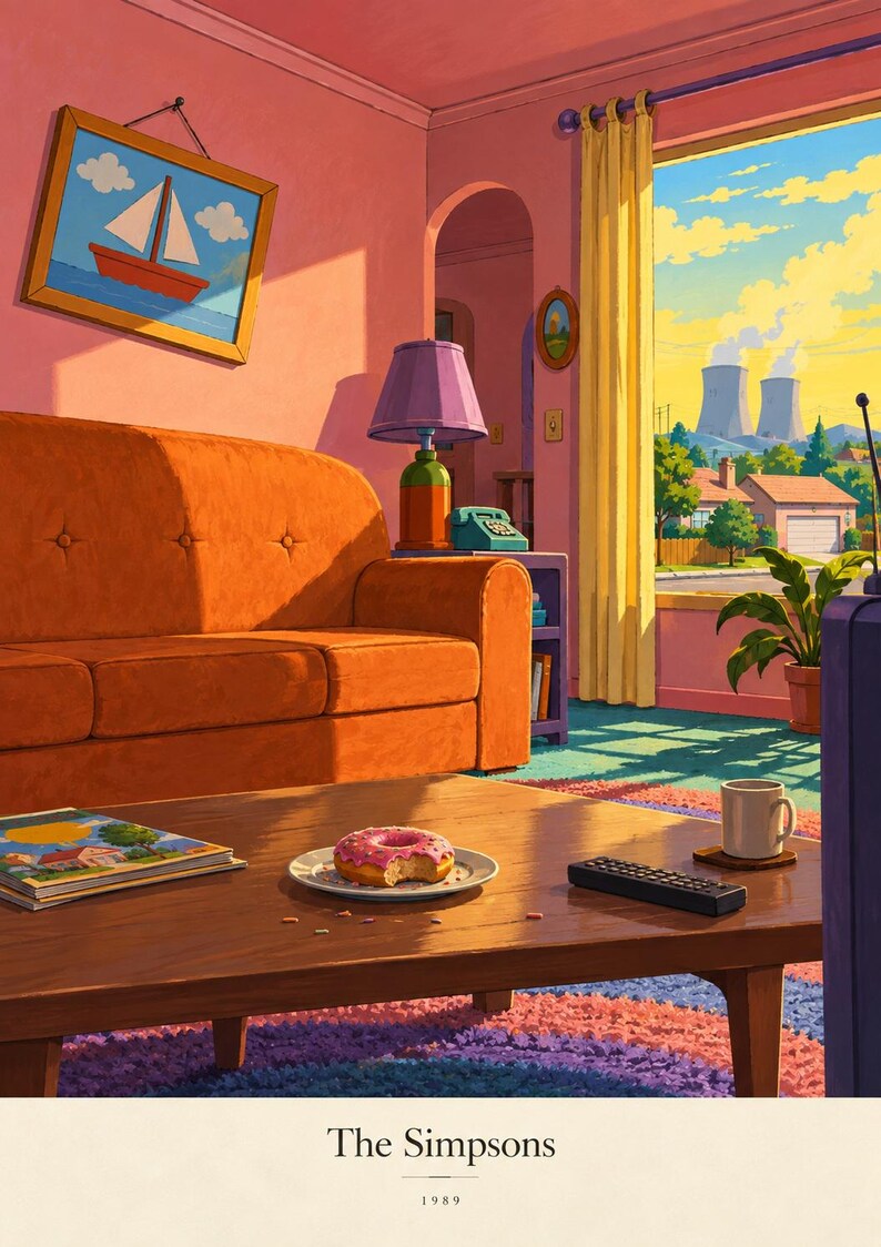 May include: A digital illustration of a living room featuring an orange sofa, a wooden coffee table with a pink frosted doughnut on a plate, a remote control, and a mug. The wall displays a sailboat painting, and a window shows a suburban landscape.