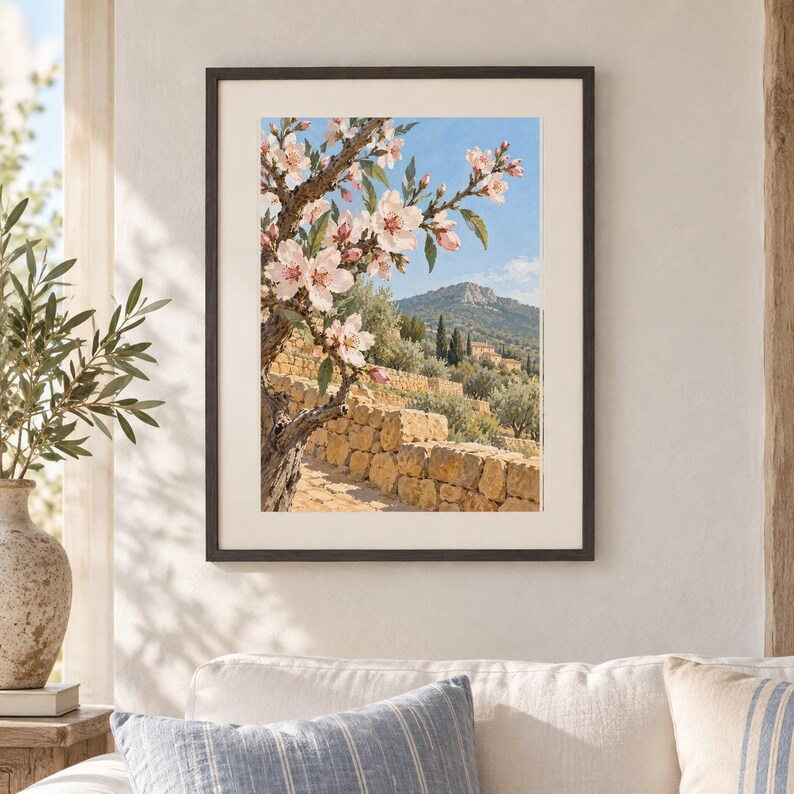 May include: A framed wall art print featuring a landscape scene with a blooming almond tree in the foreground, showcasing light pink flowers and dark branches. The background displays a stone terrace, olive trees, and a distant mountain under a blue sky.