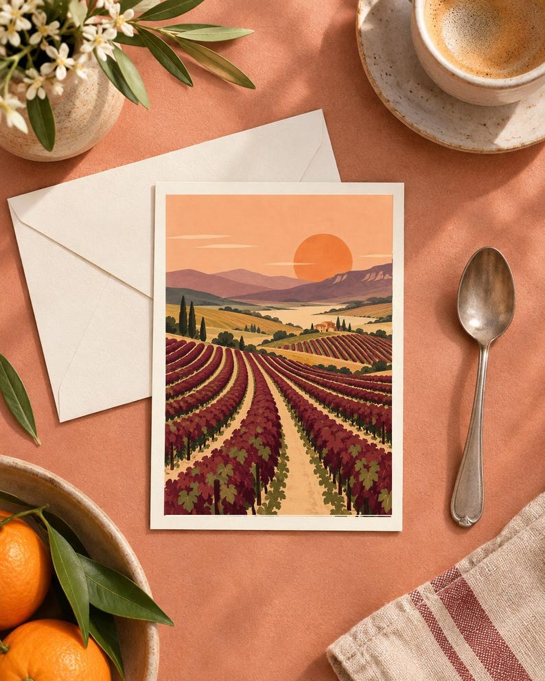 Pu&ograve; includere: Una stampa artistica rettangolare che presenta un'illustrazione paesaggistica di un vigneto con filari di viti rosso scuro, colline ondulate e un grande sole arancione che tramonta su un orizzonte lontano con alberi di cipresso.